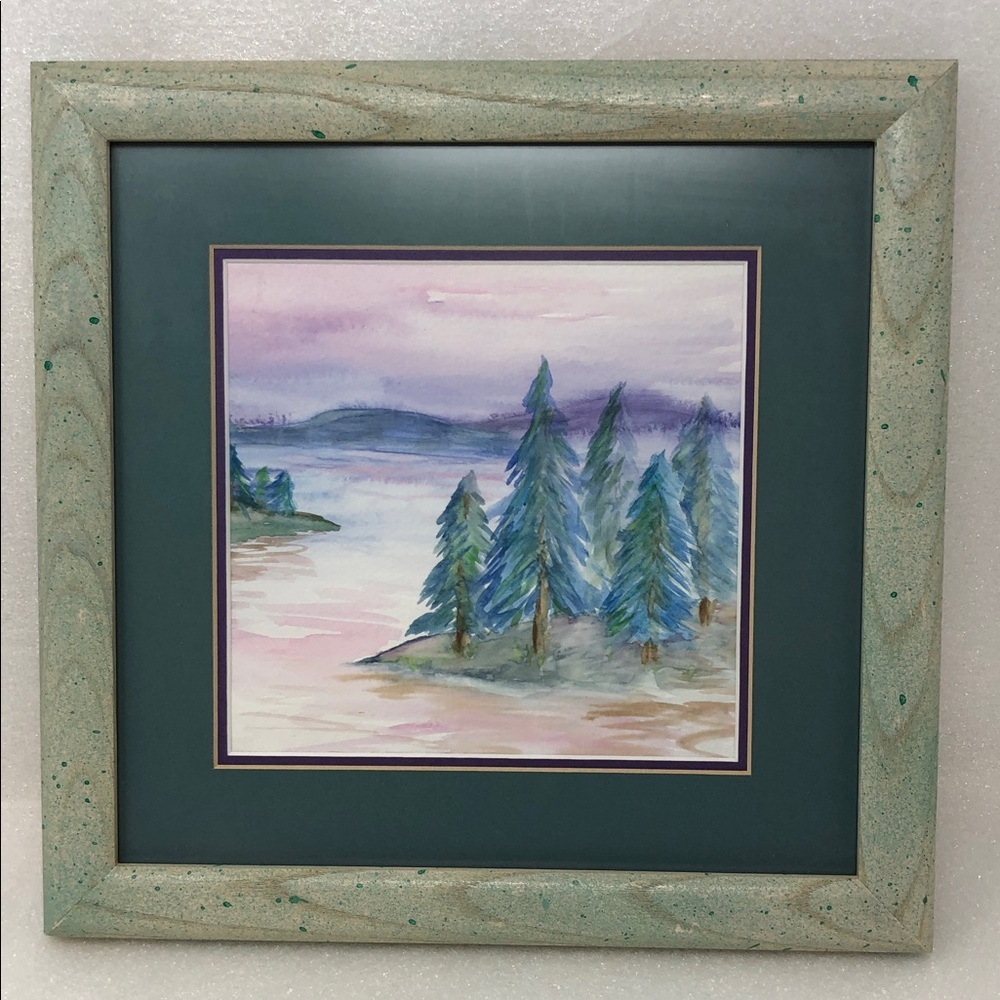 Framed Original Landscape Painting Trees Mountains